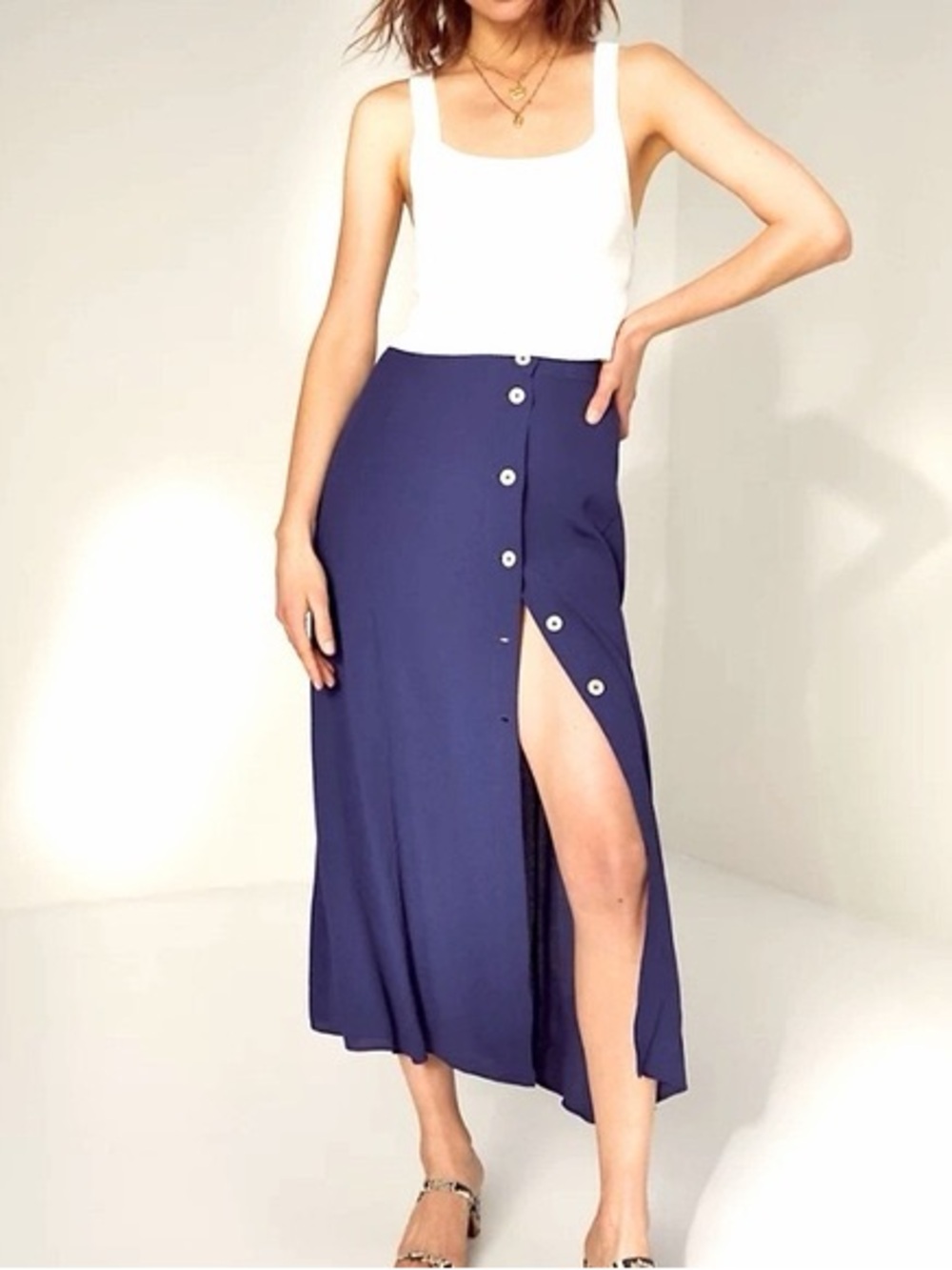 Wilfred Navy Button-Front Midi Skirt with Side Slit